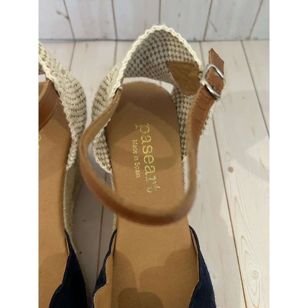 Paseart Blue Leather Suede Espadrille Wedge Sandals Womens Size 39 Slingback